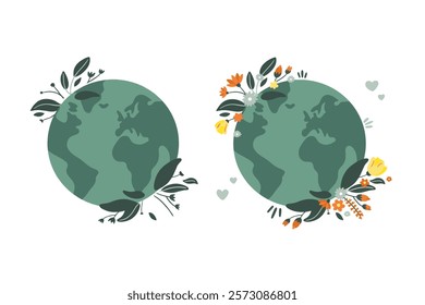 Green planet Earth in flat design on white background. Save the planet, save the earth, save the world. Vector illustration.	
