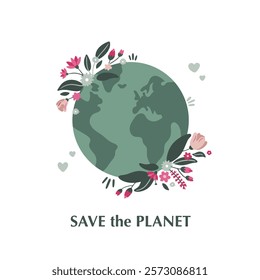 Green planet Earth in flat design on white background. Save the planet, save the earth, save the world. Vector illustration.	
