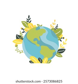 Green planet Earth in flat design on white background. Save the planet, save the earth, save the world. Vector illustration.	
