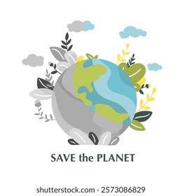 Green planet Earth in flat design on white background. Save the planet, save the earth, save the world. Vector illustration.	
