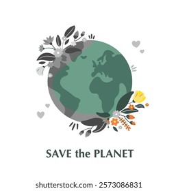 Green planet Earth in flat design on white background. Save the planet, save the earth, save the world. Vector illustration.	
