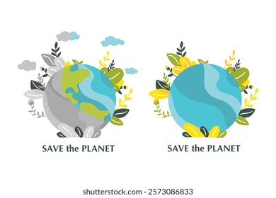 Green planet Earth in flat design on white background. Save the planet, save the earth, save the world. Vector illustration.	
