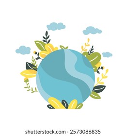 Green planet Earth in flat design on white background. Save the planet, save the earth, save the world. Vector illustration.	
