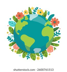 Green planet Earth in flat design on white background. Save the planet, save the earth, save the world. Vector illustration.	
