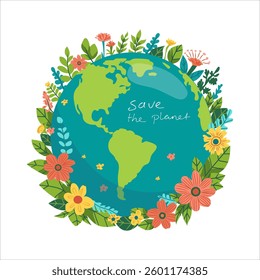 Green planet Earth in flat design on white background. Save the planet, save the earth, save the world. Vector illustration.	
