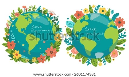 Green planet Earth in flat design on white background. Save the planet, save the earth, save the world. Vector illustration.	
