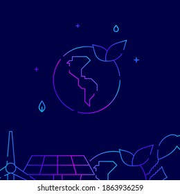 Green planet earth gradient line vector icon, simple illustration on a dark blue background, eco activism related bottom border.