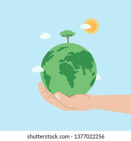 Green planet Earth in human hand. Growing tree. Ecological concept. Environmental poster. Vector illustration in flat style.