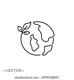 green planet earth icon, global nature protect, world ecology, eco logo environment, globe with leaves, thin line symbol isolated on white background, editable stroke eps 10 vector illustration