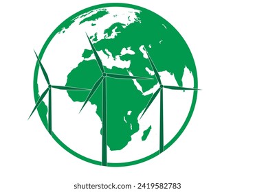 Green planet earth icon with wind turbines.