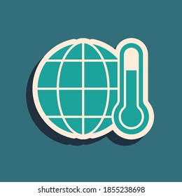 Green Planet earth melting to global warming icon isolated on green background. Ecological problems and solutions - thermometer. Long shadow style. Vector.