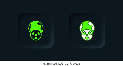 Green Planet earth and radiation symbol icon isolated on black background. Environmental concept. Black square button. Vector