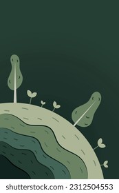 Green planet earth with trees and grass in paper cut style. Environment, ecology and nature concept. Vector flat postcard or banner.