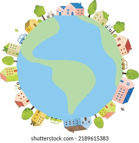 Green Planet Earth; Watercolor Vector Hand Drawn Houses Illustration