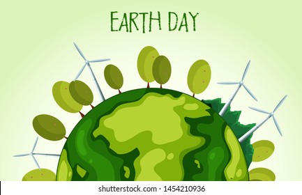 Green planet earth with wind farm illustration