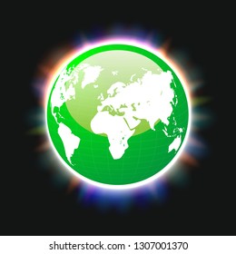 Green planet earth and world map colorful light beams, vector, illustration, eps file
