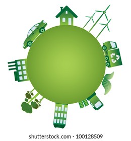 Green planet with green ecology objects on it.
