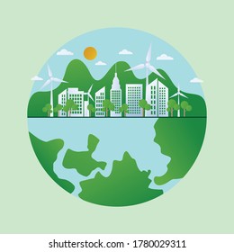Green Planet Energy. Save the World Together. Green planet with trees and wind turbines. Concept of environmental protection.