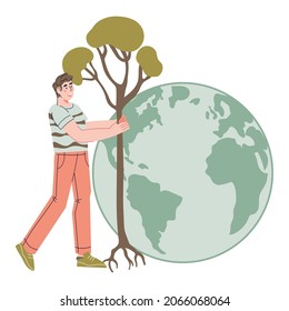 Green planet and Environment conservation, ecology concept with volunteer taking care of Earth nature, flat vector illustration isolated on white background.