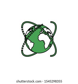 Green Planet globe with a dotted line around it. Stock Vector illustration isolated on white background.