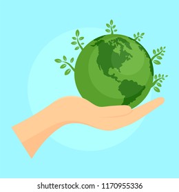 Green planet in hand background. Flat illustration of green planet in hand vector background for web design