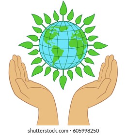 Green Planet in human hands, Earth Day concept, stylized vector illustration on the white background