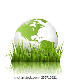 Green planet icon with globe and grass on white background