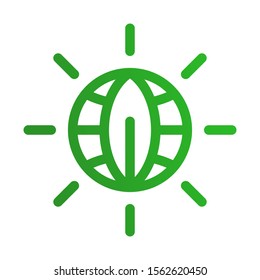 Green planet. Leaf, globe and sun. Global ecology, ecological concept. Simple vector icon, abstract sign.