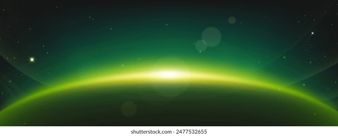 Eclipse de luz de planeta verde en el fondo del horizonte espacial. Abstractas diseño de galaxia realista de llamarada terrestre. Efecto de halo de sol brillante. Borde del arco cósmico radial del meteoro y cielo nocturno estrellado exterior