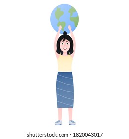 Green planet and little girl saving ecology, standing and holding earth in arms, eco-friendly vector concept for stop pollution
