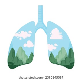 Green planet lungs metaphor. Cartoon clean lungs, human healthy lungs with nature clouds and trees. Environment care concept flat vector illustration