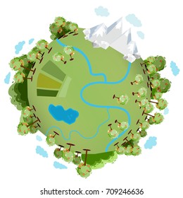 A green planet with many green trees, mountains, a river, a lake and with clouds around it