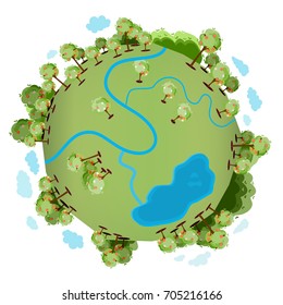 A green planet with many green trees, a river, a lake and with clouds around it