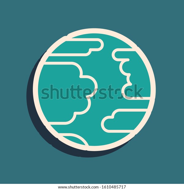 Green Planet Mercury icon isolated on\
blue background. Long shadow style. Vector\
Illustration