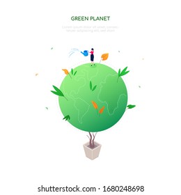 Green planet - modern colorful isometric web banner on white background with copy space for text. A composition with a woman on the globe watering trees. Ecology, environmental conservation concept