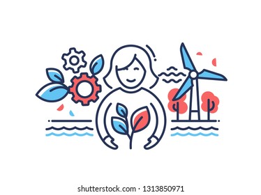 Green planet - modern line design style illustration on white background. A composition with a female, character, girl, images of wind power generator, trees, water. Ecology, energy saving concept