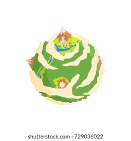 Green planet with mountains and castle towers cartoon vector Illustration