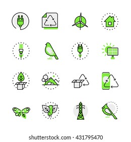 Green planet nature ecology circulation alternative source energy lineart flat vector icon set. Web site interface elements color line art mobile app aplication objects. Line-art icons collection.