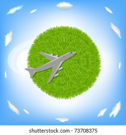 Green Planet And Plane, Vector Illustration