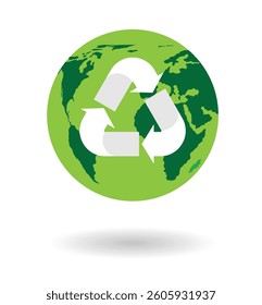Green Planet with Recycle Sign Isolated with Shadow. Eco friendly recycling and global ecology vector art