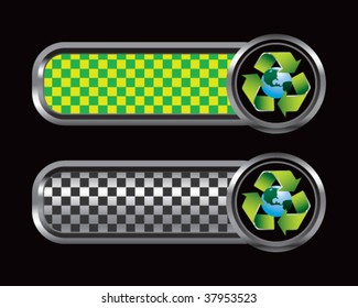 green planet recycle symbol on green and black checkered tabs