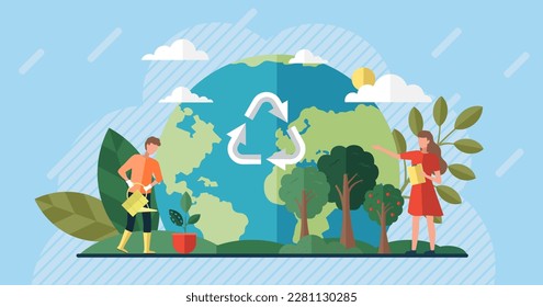 Green planet with recycle symbol, tiny persons take care of Earth, save nature, clean ecology concept. Reusable cycle visualization for environmental protection, zero waste nature friendly lifestyle