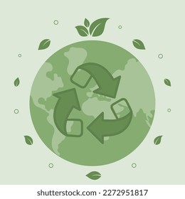 Green planet with recycling symbol. Zero waste movement support. Environmental protection and green living. Give things second life. Eco friendly lifestyle. Ecology. Flat vector illustration