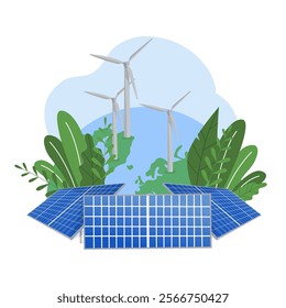 Green planet with renewable natural electricity energy sources (solar panels and wind generators). Save  Earth, ecology, environment concept. Vector illustration isolated on white background