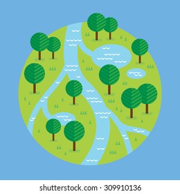 Green planet with river and lakes and trees. Eco life. Save the planet