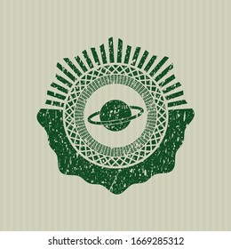 Green planet, saturn icon inside distress rubber grunge seal