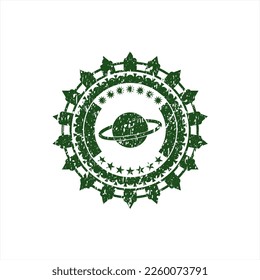 Green planet, saturn icon inside distress grunge seal. 