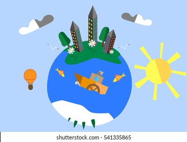Green planet with a ship