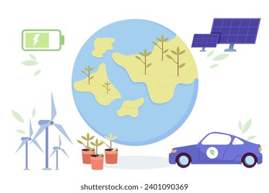 Green planet with solar panels, wind turbines, electric car, green energy battery. Vector illustration. Sustainable living, eco-friendly practices concept