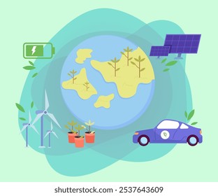 Green planet with solar panels, wind turbines, electric car, green energy battery. Vector illustration. Sustainable living, eco-friendly practices concept